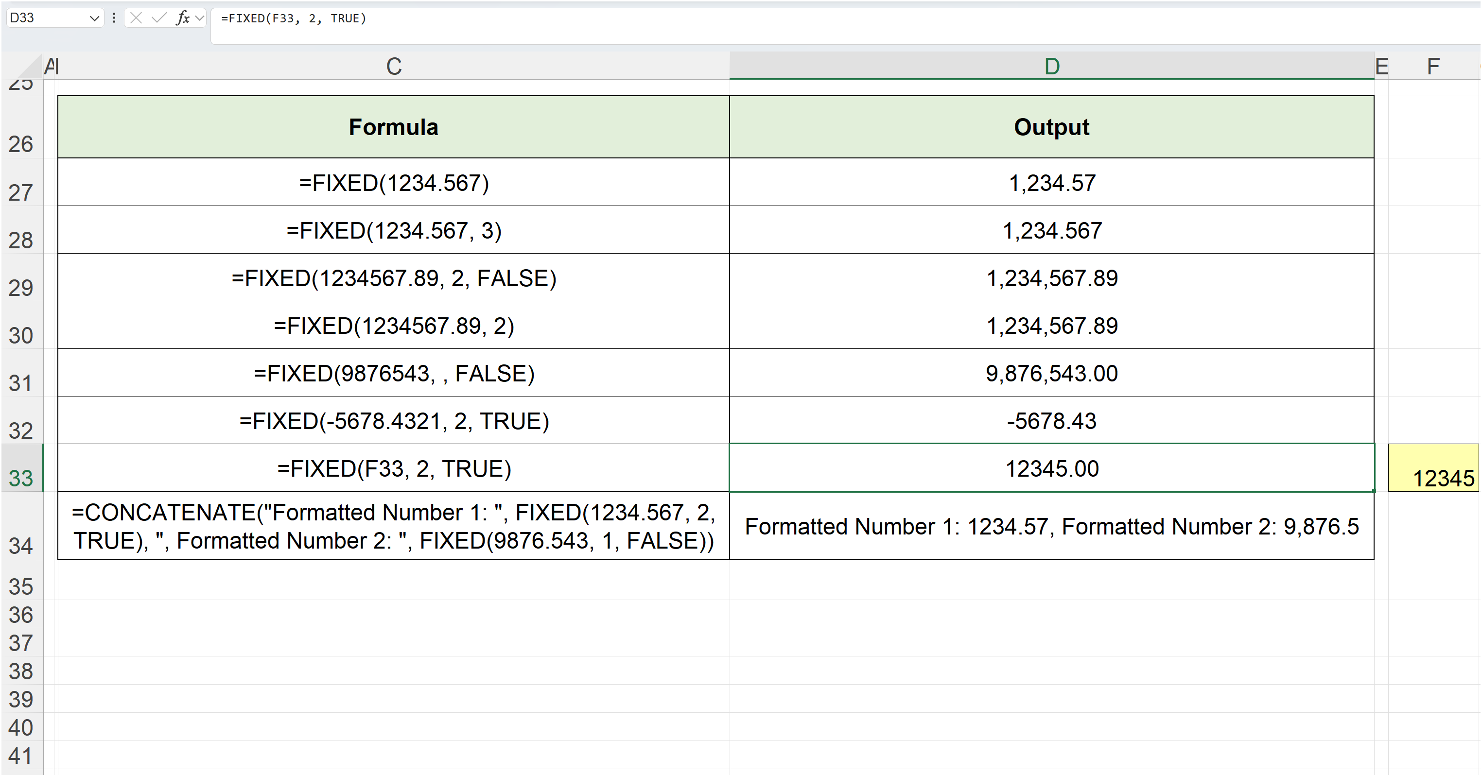 Examples of the FIXED function in Excel